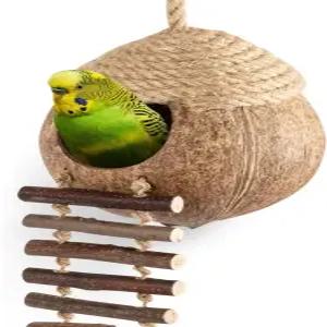 앵무새를 위한 사다리가 있는 코코넛 새 둥지 오두막 코카티엘을 장식합니다 - 작은 동물들의 집 애완동물