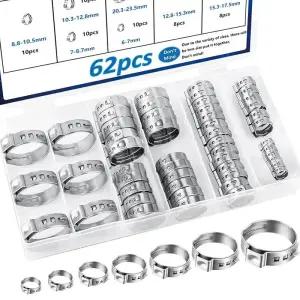 메꾸라 62개 7가지 304 스틸 싱글 이어 호스 클램프 6-235mm 스텝리스 크림프 세트 물 파이프 클램프용