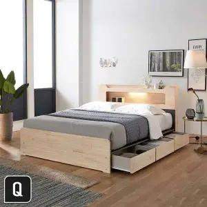 [장인가구]시드니 LED 편백나무원목 3서랍 수납침대Q_매트별도
