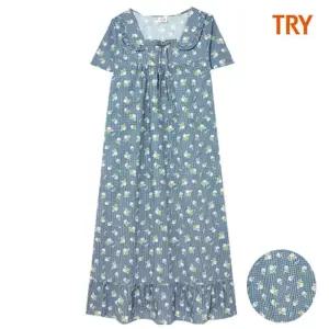 홈란쥬 트라이 여성 아사 나염 면100% 반팔 원피스 잠옷 J06