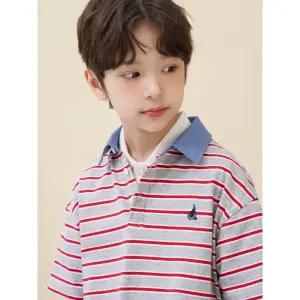 [BEANPOLE KIDS] 데님 포인트 칼라 스트라이프 럭비 반소매 티셔츠 - 그레이 (BI6342U023)