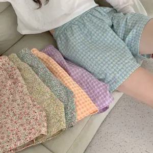 여성 파자마 반바지 플라워 체크 여름 여성 잠옷 반바지 이지웨어 꽃무늬 고무줄 사각 밴딩 무늬 팬티