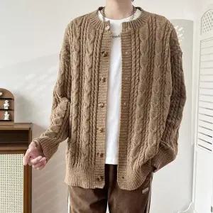 남성 댄디 브이넥 가디건 솔리드 꽈배기 긴팔 니트 가을 루즈핏 캐주얼 스웨터 코트 힛템