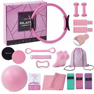 홈 필라테스 키트 장비 세트, 14.5인치 링, 볼, 저항 밴드, 발목 웨이트, 덤벨, 슬라이더, 스트레치 요가 스트랩 양말을 갖춘 여성용 베터 필수품
