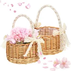 레이스 손잡이와 활 요정 꽃바구니가 있는 2개의 위커 라탄 웨딩 플라워 걸 바구니 브라운 위한 손으로 짠