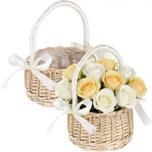 2Pc 꽃 소녀 바구니 손잡이가 달린 작은 위커 라탄 세트 결혼식 파티 홈 데코를 위한 다용도 장식 보관