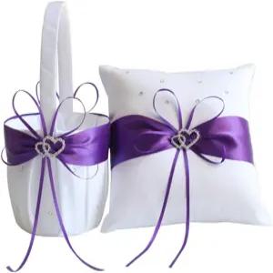 Awtlife 2pcs 세트 플라워 걸 바구니 및 링 베개 퍼플 웨딩 데코
