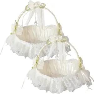 랄릴랄리 결혼식 대형 플라워 걸 바구니 2종 세트 접이식 손잡이 리보리 꽃잎 색종이 캔디 파티 용품 흰색