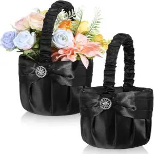 결혼식을 위한 2팩 웨딩 블랙 플라워 걸 바구니 고딕 꽃잎용 손잡이가 달린 새틴 라인스톤 색종이 연회 홈