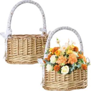 FISDEN 2팩 플라워 걸 바구니 손잡이 방수 라이너가 있는 작은 위커 결혼식 꽃 과자 부활절 선물을 위한