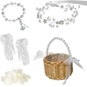 펙시추지 플라워 걸 바구니 결혼식 세트 헤드밴드 팔찌 장갑 보리 꽃잎이 있는 주얼리 키트 액세서리 위커