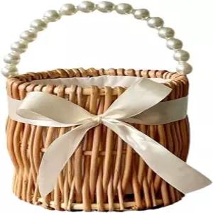 위커 플라워 걸 바구니 진주 손잡이가 달린 손으로 짠 작은 꽃 결혼식 파티 홈 장식용 리본 보우 라탄