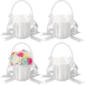 귀여운 진주 손잡이가 달린 Ckhoid 4Pcs 웨딩 플라워 걸 바구니 흰색 새틴 보크노트 꽃 결혼식용 컬렉션