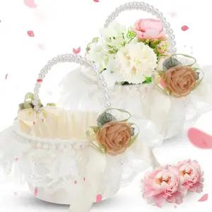 진주 손잡이가 달린 에이스오빗 2팩 웨딩 플라워 걸 레이스 바구니 보리 새틴 우아한 결혼식 로맨틱 꽃잎