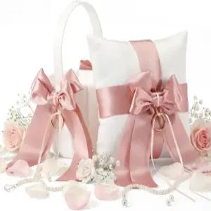 페로셰프 플라워 걸 바구니 2개와 링 베어러 베개 세트 핑크 새틴 보크노트 화이트 보리 웨딩 요정 장식