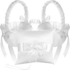 플라워 걸 바구니 2개와 링 베어러 베개 세트 화이트 새틴 보크노트 진주 컬렉션 결혼식용