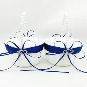 진주 손잡이가 달린 웨딩 플라워 걸 바구니 2개 약혼식 파티 장식용 더블 하트 라인스톤 공예품이 있는