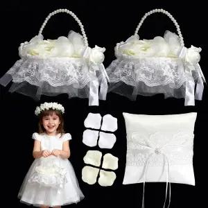 4개의 플라워 걸 바구니 및 링 베어러 베개 세트 진주 손잡이 리본 활 화이트 레이스 새틴 우아한 수납