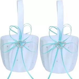2PC 웨딩 플라워 걸 바구니 하트 버클이 달린 흰색 새틴 보관 결혼식용 리본 걸이 파란색