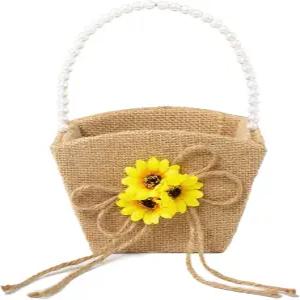 빈티지 결혼식을 위한 진주 손잡이가 달린 스타푸니 소박한 꽃 바구니 삼베 웨딩 플라워 걸 해바라기