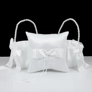 Caeuiciw 2PCS 플라워 걸 바구니 및 링 베어러 베개 세트 진주 손잡이가 달린 위한 보리 파리 웨딩