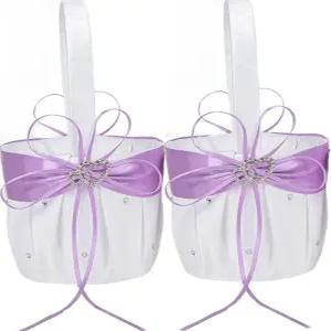 2PCS 웨딩 플라워 걸 바구니 약혼식 파티 장식용 더블 하트 라인스톤 공예가 포함된 화이트 새틴 보관