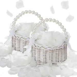 오베로슈 2개 웨딩 플라워 걸 바구니 진주 손잡이 인조 장미 꽃잎으로 손으로 짠 귀여운 작은 꽃 홈 가든