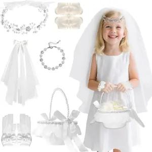 진주 손잡이 바구니 보리 화이트 로즈 꽃잎 머리띠 보우 베일 장갑 팔찌 포함 6개 플라워 걸 세트 - 여자