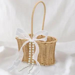 실리파인 1피스 위커 라탄 플라워 걸 바구니 보우와 진주가 포함된 11.8x8.7x5.1인치 소박한 웨딩 의식용