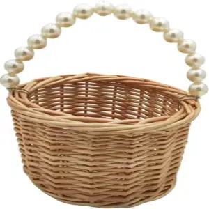 소박한 위커 라탄 웨딩 플라워 걸 바구니 진주 손잡이가 있는 직조 보관 홈 가든 장식용 달걀 캔디 H1