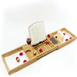 OVENTE 욕조 트레이 캐디 확장형 대나무 목욕 테이블 책 태블릿 휴대폰 및 와인 잔 홀더가 있는 나무 보드