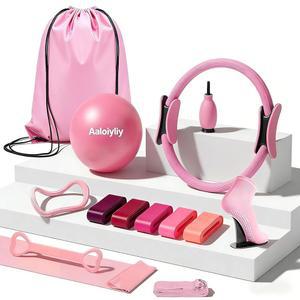 5개의 저항 밴드가 있는 여성용 알로이이 홈 필라테스 링 및 볼 세트 13인치 매직 서클 운동 스타터 키트 초보자용 풀 바디 토닝 15분 데일리 루틴 장비