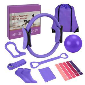 여성용 산 라이크 홈 필라테스 에센셜 키트, 장비 링 및 볼 세트, 12인치 매직 서클, 요가 볼, 8가지 저항 밴드 프리미엄 액세서리 가정용 스타터 토닝 운동용 키트