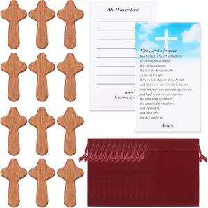 Queekay 12 세트 작은 나무 십자가 대량 손에 들고 기도하는 주머니 편안한 벨벳 파우치 및 기도 카드