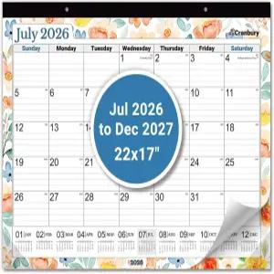 CRANBURY 22x17 대형 책상 학술 캘린더 2026-2027 2026년 7월 2027년 12월 17 x 22 꽃무늬 디자인의 월간