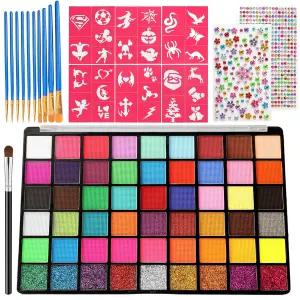 페이스 페인팅 키트 브러시 10개와 스텐실이 포함된 54가지 컬러 프로페셔널 워터 기반 무독성 페인트