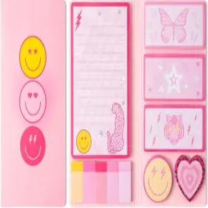 L1rabe 프레피 스티커 메모 세트 백 투 스쿨 550매 Y2K 스마일 페이스 셀프 스틱 패드 핑크 분할 탭 번들