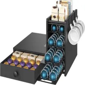 커피 포드 서랍 홀더 버츄오용 4단 72개의 대용량 수납 있는 스테이션 정리함 및 후크 3개 블랙 KH02BB