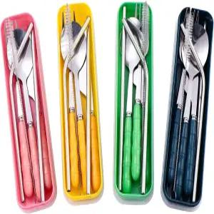 케이스가 포함된 4가지 색상의 휴대용 여행 도구 재사용 가능한 스테인리스 스틸 식기 캠핑 사무실용