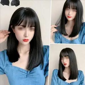 생머리 여성 통가발 내츄럴 여자 앞머리 스타일 블랙 흑발