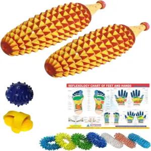 키 수제 원목 고대 지압 스파이크 손 마사지 운동 요법 딥 티슈 세트 2개 수족 볼 및 링 반사율 차트AS2