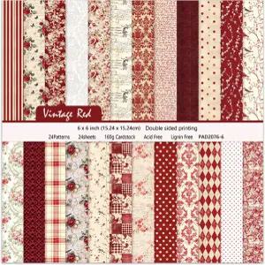 24장 빨간색 에스테틱 스크랩북 종이 패드 - 6인치 x 양면 꽃 패턴 사진 앨범 저널 용품 장식 콜라주