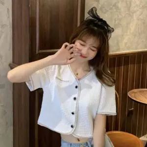 여름 브이넥 반팔 포인트룩 니트 크롭 기장 미니 가디건 원픽