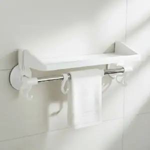 화이트 무타공 욕실 선반 겸용 수건걸이 강력 흡착식 거치대