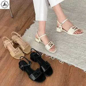 [애슬릿] 가죽 샌들 힐 스퀘어 장식 발편한 구두 키높이 4.5cm