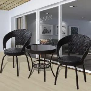 베란다 라탄 의자 블랙원형테이블+의자2개 2인용 테이블 카페 세트 티테이블 야외