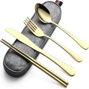 데비코 캠핑 도구 케이스 포함 휴대용 여행 스테인리스 스틸 재사용 가능한 실버웨어 5개 식기 세트 나이프