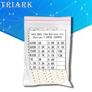 500개 25가지 값 0603 0805 1206 SMD 칩 저항기 키트 620R~12K 680R 1K 2K 3K 5.1K 6.8K 7.5K 8.2K 10K옴