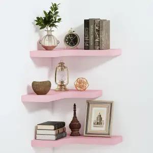 사우모니에레스 코너 플로팅 선반 벽걸이 침실 욕실용 솔리드 우드 3종 분홍색 보이지 않는 브래킷 세트