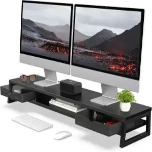 펜지 듀얼 모니터 스탠드 서랍이 있는 라이저 42.5인치 대형 컴퓨터 2개용 책상 위에 놓을 수 2단 나무